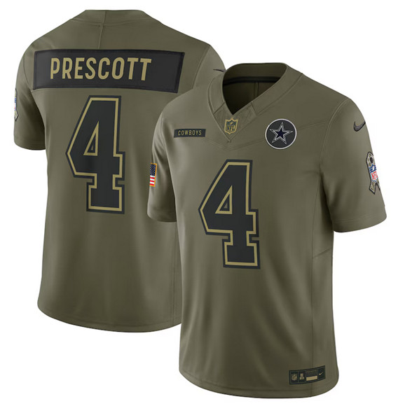 Men's Dallas Cowboys 4 Dak Prescott Olive 2025 Salute to Service Limited Football Stitched Jersey