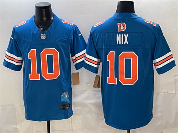 Men's Denver Broncos 10 Bo Nix Blue F.U.S.E. With Patch Throwback Vapor Limited Football Stitched Jersey