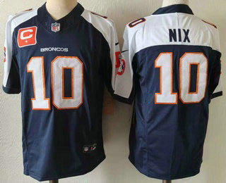 Men's Denver Broncos 10 Bo Nix Navy Blue C Patch Thanksgiving FUSE Vapor Jersey
