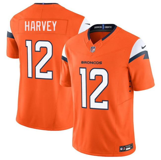Men's Denver Broncos 12 RJ Harvey Orange 2025 F.U.S.E. Vapor Limited Football Stitched Jersey