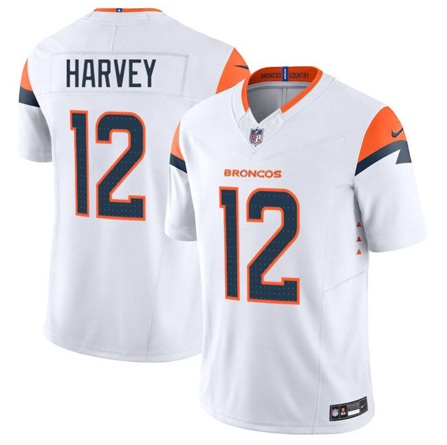 Men's Denver Broncos 12 RJ Harvey White 2025 F.U.S.E. Vapor Limited Football Stitched Jersey