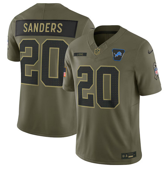 Men's Detroit Lions 20 Barry Sanders Olive 2025 Salute to Service Limited Football Stitched Jersey