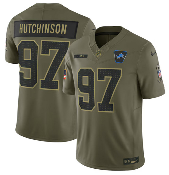 Men's Detroit Lions 97 Aidan Hutchinson Olive 2025 Salute to Service Limited Football Stitched Jersey