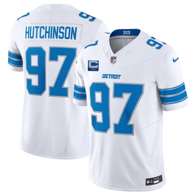 Men's Detroit Lions 97 Aidan Hutchinson White 2025 F.U.S.E. With 2 Star C Patch Vapor Limited Football Stitched Game Jersey