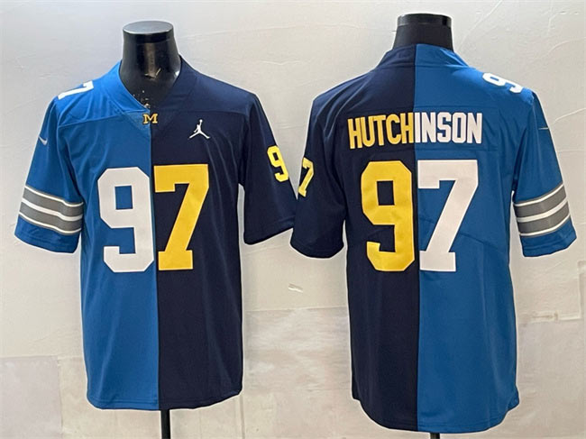 Men's Detroit Lions X Wolverines 97 Aidan Hutchinson Blue Navy Split Vapor Limited Stitched Jersey