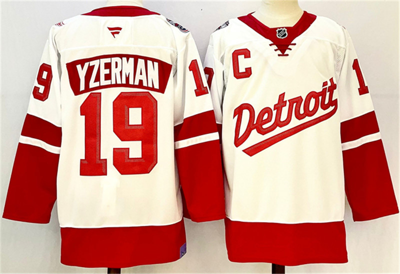 Men's Detroit Red Wings 19 Steve Yzerman White Red 2024 25 With C Patch Stitched Jersey