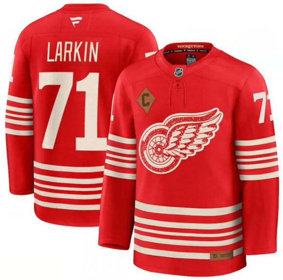 Men's Detroit Red Wings 71 Dylan Larkin Red 2025 With C Patch Centennial Premium Stitched Jersey