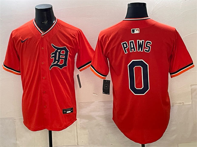 Men's Detroit Tigers 0 Paws Orange Limited Stitched Baseball Jersey