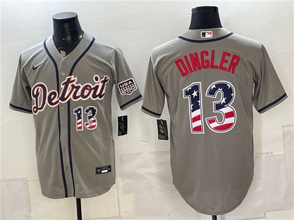 Men's Detroit Tigers 13 Dillon Dingler Gray 2026 USA 250 Fourth of July Stitched Baseball Jersey Men's Detroit Tigers 13 Dillon Dingler Gray 2026 USA 250 Fourth of July Stitched Baseball Jersey