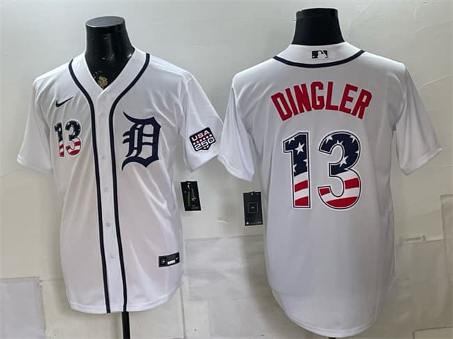 Men's Detroit Tigers 13 Dillon Dingler White 2026 USA 250 Fourth of July Stitched Baseball Jersey Men's Detroit Tigers 13 Dillon Dingler White 2026 USA 250 Fourth of July Stitched Baseball Jersey
