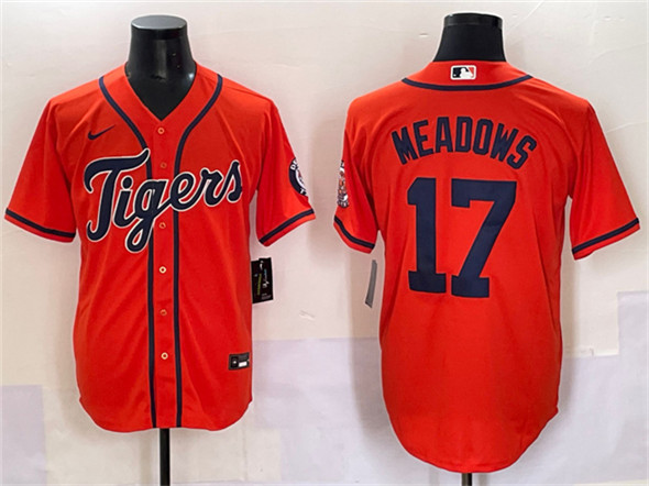 Men's Detroit Tigers 17 Parker Meadows Orange With Patch Cool Base Stitched Baseball Jersey