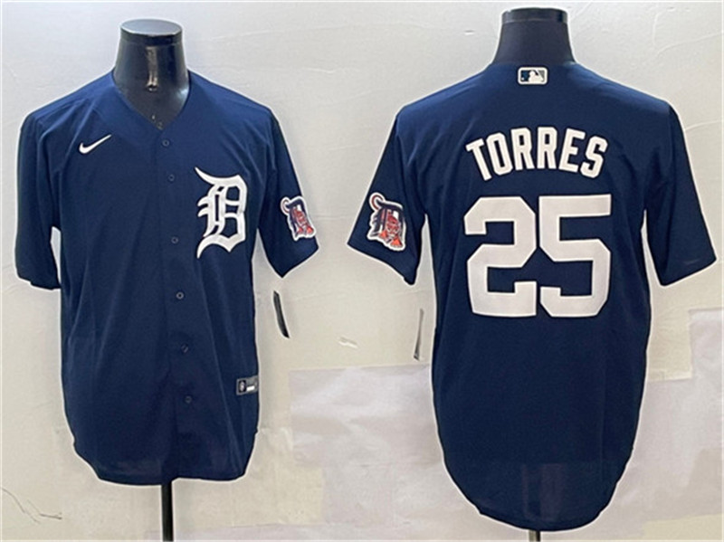 Men's Detroit Tigers 25 Gleyber Torres Navy With Patch Cool Base Stitched Baseball Jersey