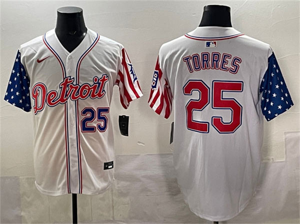 Men's Detroit Tigers 25 Gleyber Torres White 2025 Memorial Day Vapor Premier Limited Stitched Baseball Jersey