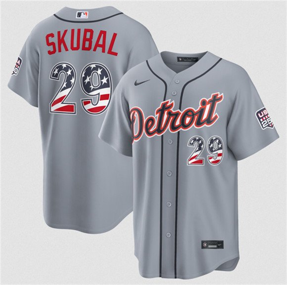 Men's Detroit Tigers 29 Tarik Skubal Grey 2026 USA 250 Fourth of July Stitched Baseball Jersey Men's Detroit Tigers 29 Tarik Skubal Grey 2026 USA 250 Fourth of July Stitched Baseball Jersey