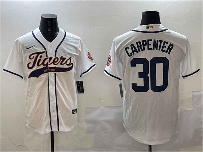 Men's Detroit Tigers 30 Kerry Carpenter White With Patch Cool Base Stitched Baseball Jersey