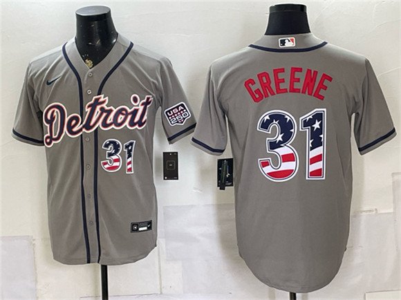 Men's Detroit Tigers 31 Riley Greene Gray 2026 USA 250 Fourth of July Stitched Baseball Jersey Men's Detroit Tigers 31 Riley Greene Gray 2026 USA 250 Fourth of July Stitched Baseball Jersey