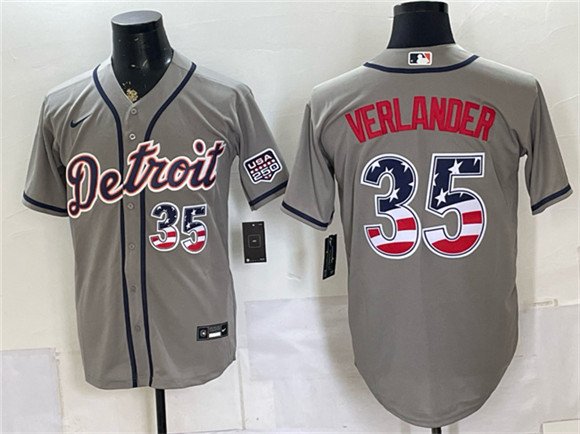 Men's Detroit Tigers 35 Justin Verlander Gray 2026 USA 250 Fourth of July Stitched Baseball Jersey Men's Detroit Tigers 35 Justin Verlander Gray 2026 USA 250 Fourth of July Stitched Baseball Jersey
