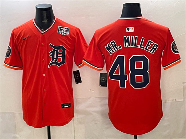 Men's Detroit Tigers 48 Mr. Miller Orange 2026 Alternate USA 250' Patch Vapor Premier Limited Stitched Baseball Jersey