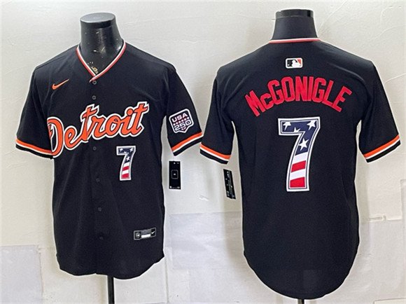 Men's Detroit Tigers 7 Kevin McGonigle Black 2026 USA 250 Fourth of July Stitched Baseball Jersey Men's Detroit Tigers 7 Kevin McGonigle Black 2026 USA 250 Fourth of July Stitched Baseball Jersey