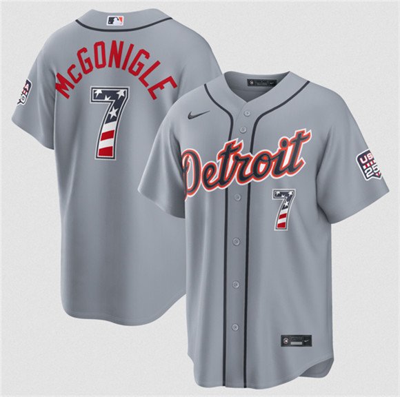 Men's Detroit Tigers 7 Kevin McGonigle Gray 2026 USA 250 Fourth of July Stitched Baseball Jersey Men's Detroit Tigers 7 Kevin McGonigle Gray 2026 USA 250 Fourth of July Stitched Baseball Jersey