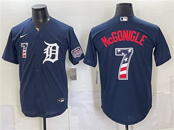 Men's Detroit Tigers 7 Kevin McGonigle Navy 2026 USA 250 Fourth of July Stitched Baseball Jersey Men's Detroit Tigers 7 Kevin McGonigle Navy 2026 USA 250 Fourth of July Stitched Baseball Jersey