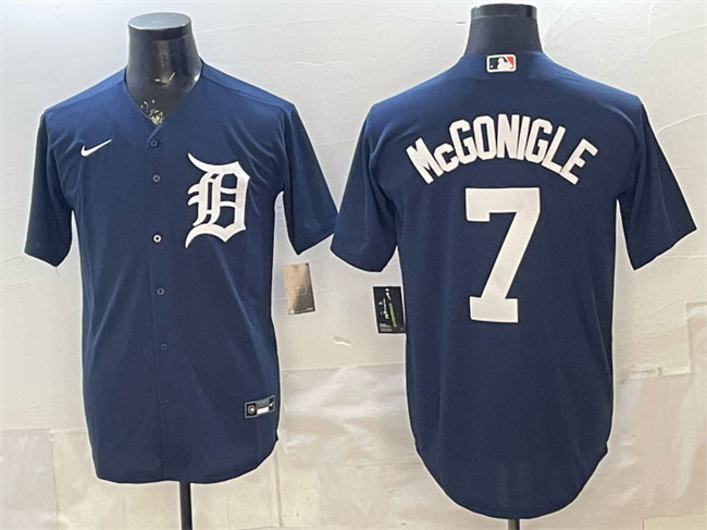 Men's Detroit Tigers 7 Kevin McGonigle Navy Cool Base Stitched Baseball Jersey
