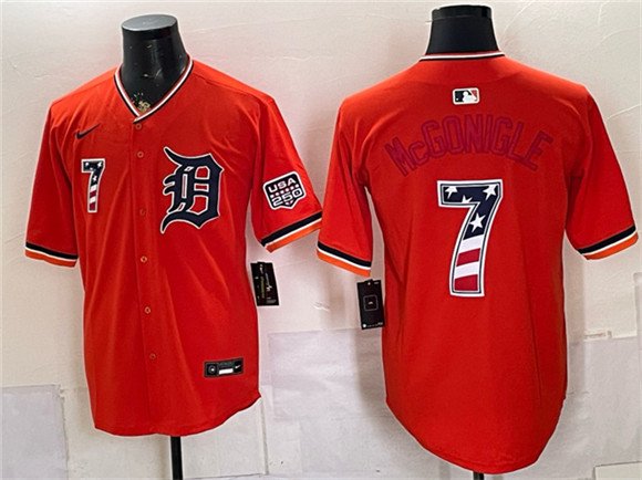 Men's Detroit Tigers 7 Kevin McGonigle Orange 2026 USA 250 Fourth of July Stitched Baseball Jersey Men's Detroit Tigers 7 Kevin McGonigle Orange 2026 USA 250 Fourth of July Stitched Baseball Jersey