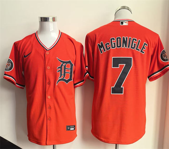 Men's Detroit Tigers 7 Kevin McGonigle Orange Cool Base Stitched Baseball Jersey