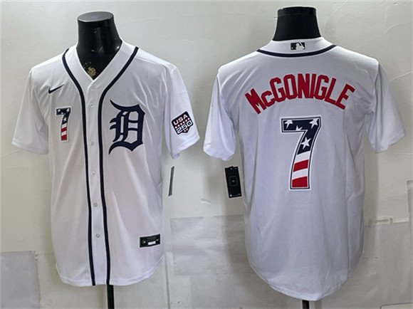 Men's Detroit Tigers 7 Kevin McGonigle White 2026 USA 250 Fourth of July Stitched Baseball Jersey Men's Detroit Tigers 7 Kevin McGonigle White 2026 USA 250 Fourth of July Stitched Baseball Jersey