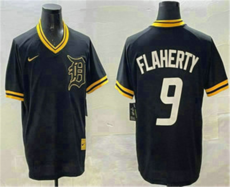 Men's Detroit Tigers 9 Jack Flaherty Black Gold Nike Cooperstown Legend V Neck Jersey