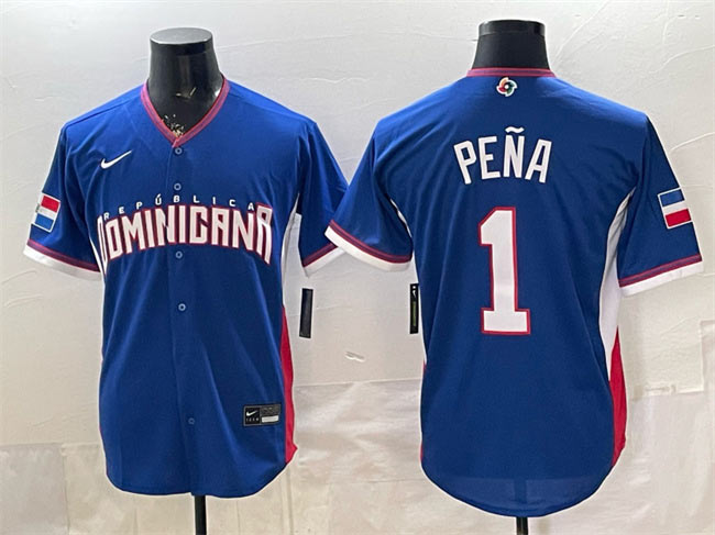 Men's Dominican Republic Baseball 1 Jeremy Pena Royal 2026 World Baseball Classic Road Stadium Stitched Jersey