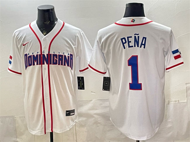Men's Dominican Republic Baseball 1 Jeremy Pena White 2026 World Baseball Classic Home Stadium Stitched Jersey