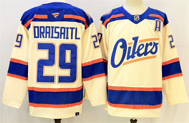 Men's Edmonton Oilers 29 Leon Draisaitl Light Beige Alternate With A Patch Stitched Hockey Jersey