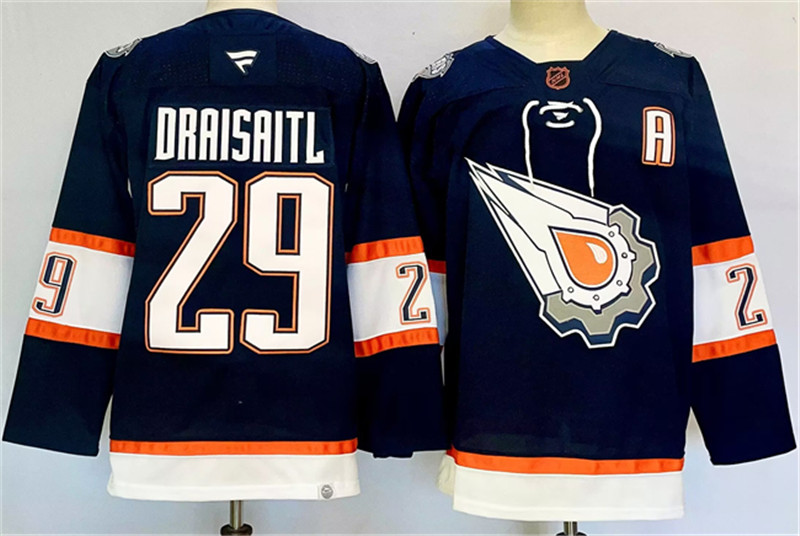 Men's Edmonton Oilers 29 Leon Draisaitl Navy 2024 25 With A Patch Reverse Retro Stitched Jersey