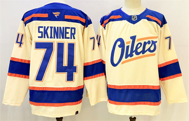 Men's Edmonton Oilers 74 Stuart Skinner Light Beige 2025 Alternate Stitched Hockey Jersey