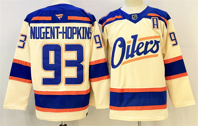 Men's Edmonton Oilers 93 Ryan Nugent Hopkins Light Beige 2025 Alternate With A Patch Stitched Hockey Jersey