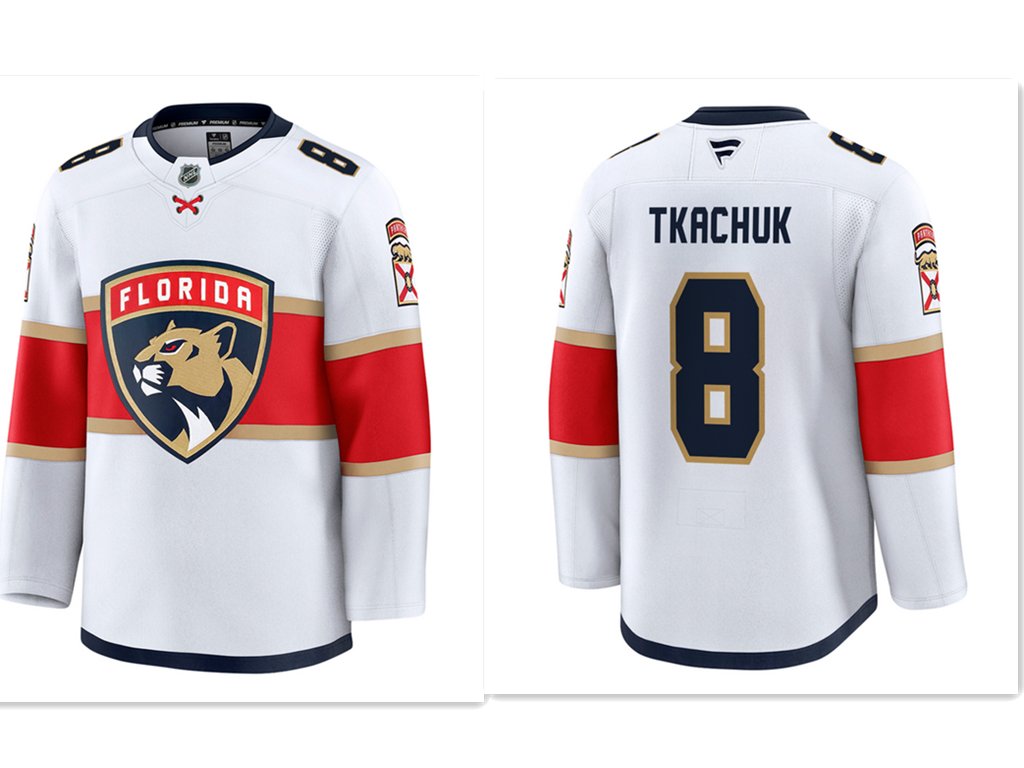 Men's Florida Panthers 8 Brady Tkachuk White Stitched Hockey away jersey Men's Florida Panthers 8 Brady Tkachuk White Stitched Hockey away jersey