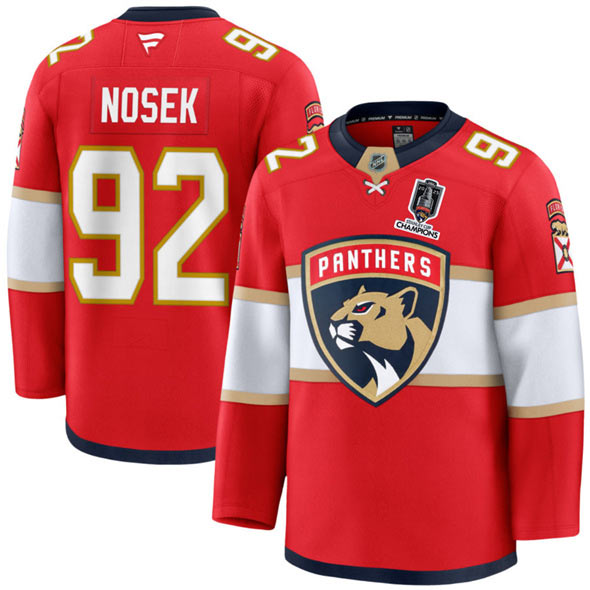 Men's Florida Panthers 92 Tomas Nosek Red Home 2025 Stanley Cup Champions Patch Stitched Jersey