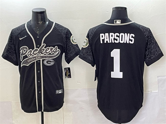 Men's Green Bay Packers 1 Micah Parsons Black Reflective With Patch Cool Base Stitched Baseball Jersey