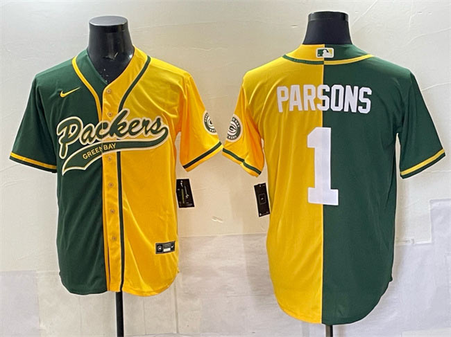 Men's Green Bay Packers 1 Micah Parsons Green Gold Split Cool Base Stitched Baseball Jersey