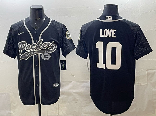 Men's Green Bay Packers 10 Jordan Love Black Reflective With Patch Cool Base Stitched Baseball Jersey