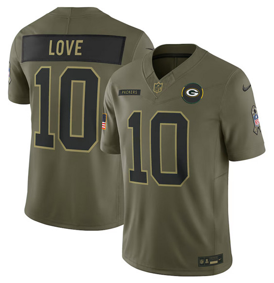Men's Green Bay Packers 10 Jordan Love Olive 2025 Salute to Service Limited Football Stitched Jersey