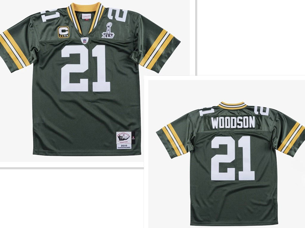 Men's Green Bay Packers 21 Charles Woodson Green With 2 star captains' patch and Super Bowl XLV patch 2010 Throwback Jersey