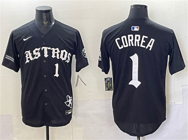 Men's Houston Astros 1 Carlos Correa Black Gothic 'Houston Born Barrio Raised' Limited Stitched Baseball Jersey
