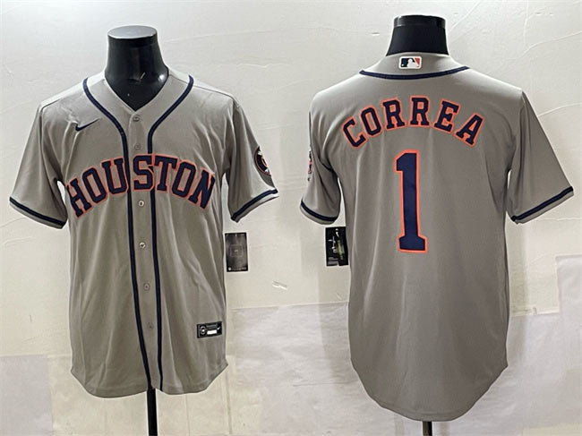 Men's Houston Astros 1 Carlos Correa Gray Cool Base Stitched Jersey