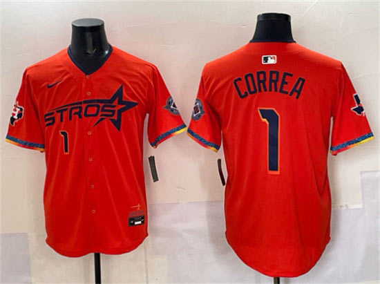 Men's Houston Astros 1 Carlos Correa Orange 2025 City Connect With Texas Patch Limited Stitched Baseball Jersey
