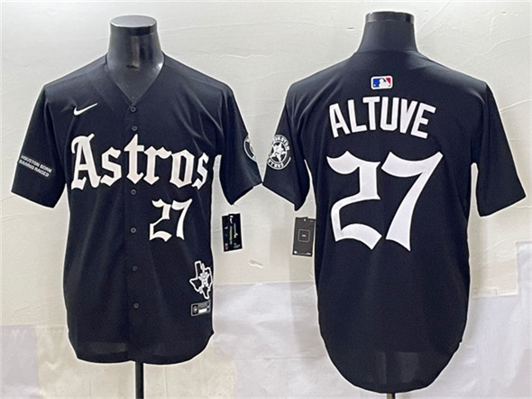 Men's Houston Astros 27 Jose Altuve Black Gothic 'Houston Born Barrio Raised' Limited Stitched Baseball Jersey