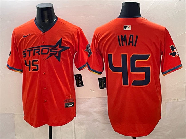 Men's Houston Astros 45 Tatsuya Imai Orange 2025 City Connect With Texas Patch Limited Stitched Baseball Jersey