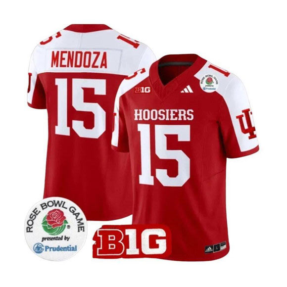 Men's Indiana Hoosiers 15 Fernando Mendoza 2025 F.U.S.E. Rose Bowl Red White Stitched Jersey