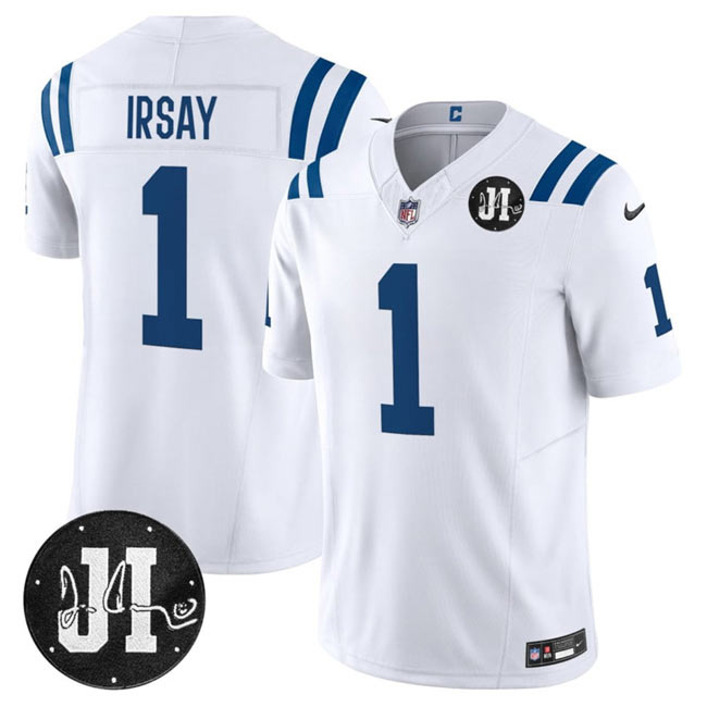 Men's Indianapolis Colts 1 Jim Irsay White 2025 F.U.S.E. Jim Irsay Patch Vapor Limited Football Stitched Jersey